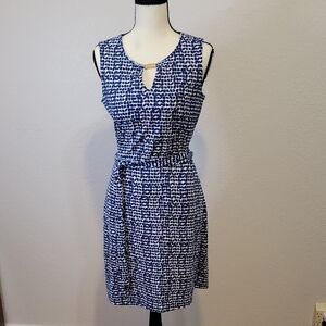 Ann Taylor Tie Waist Keyhole Blue and White Midi Dress
